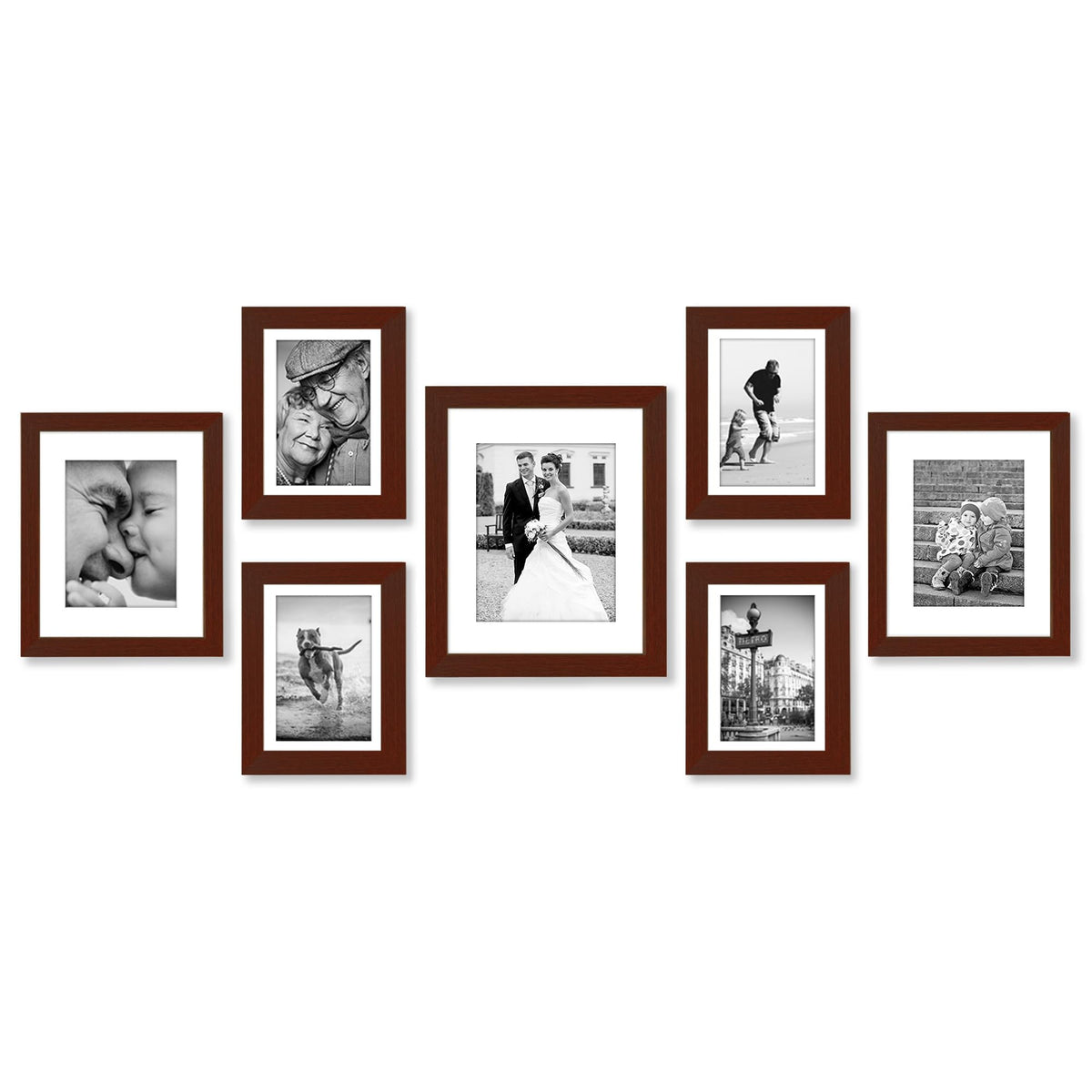 Americanflat Set of 7 Picture Frames with Shatter-Resistant Glass - Gallery Wall Frame Set with One 11x14, Two 8x10 and Four 5x7 Frames - Signature Collection - Mahogany