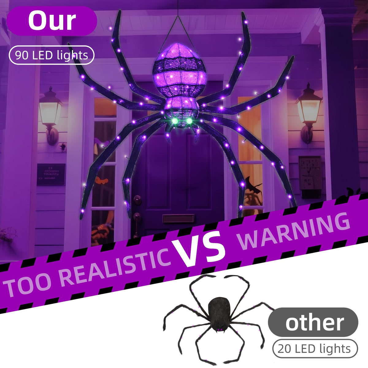 HOYECHI Halloween Decorations Outdoor Hanging Spider - 4.2FT Giant Climb The Wall Spider Halloween Decor, Light Up Spider with 90 LED Lights, for Front Yard Porch Roof Party Outside - Black