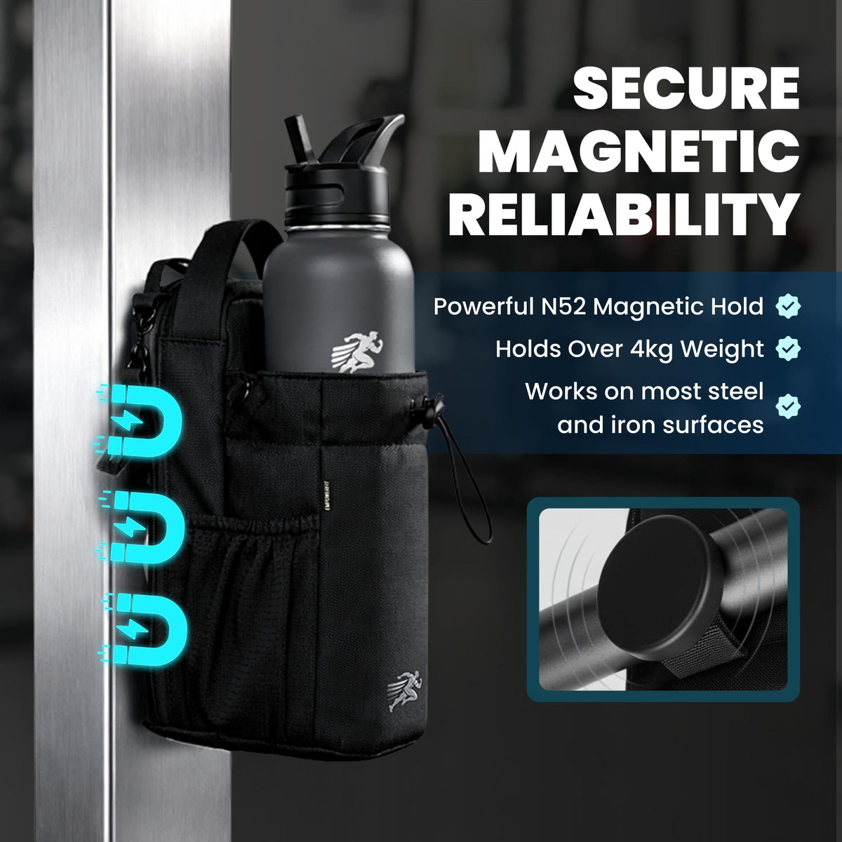 EMPOWERFIT Magnetic Gym Water Bottle Bag with 40oz Bottle – Magnetic Water Bottle Holder with Strap, Crossbody Bag, Phone Pocket, Waterproof Gym Accessories