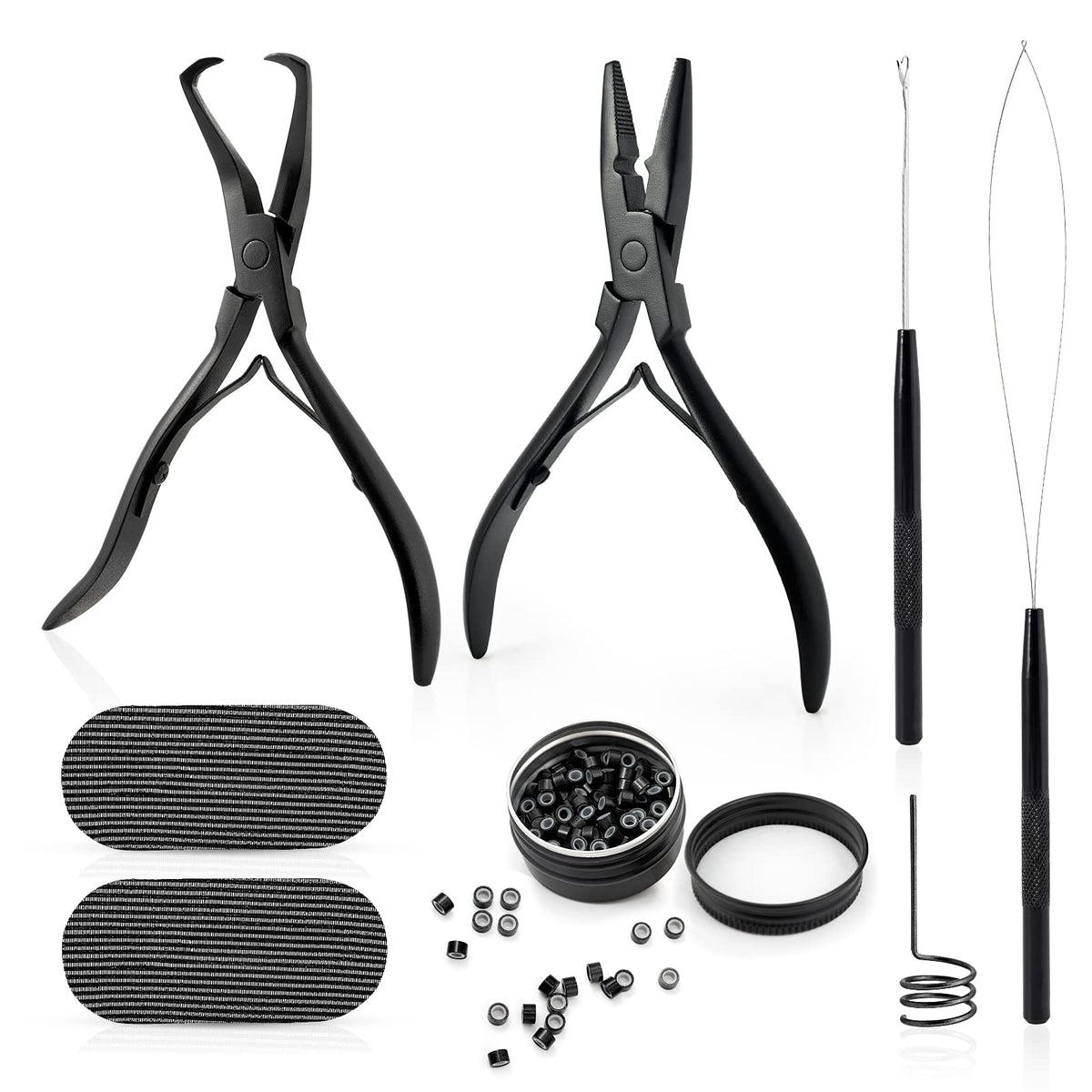 Gomake Microlinks Hair Extensions Kit, Hair Extension Closer and Removal Pliers, Micro Beads Pulling Hook & Microbead Loop Tool, Micro Links Silicone Rings Bead 200PCS(Black)