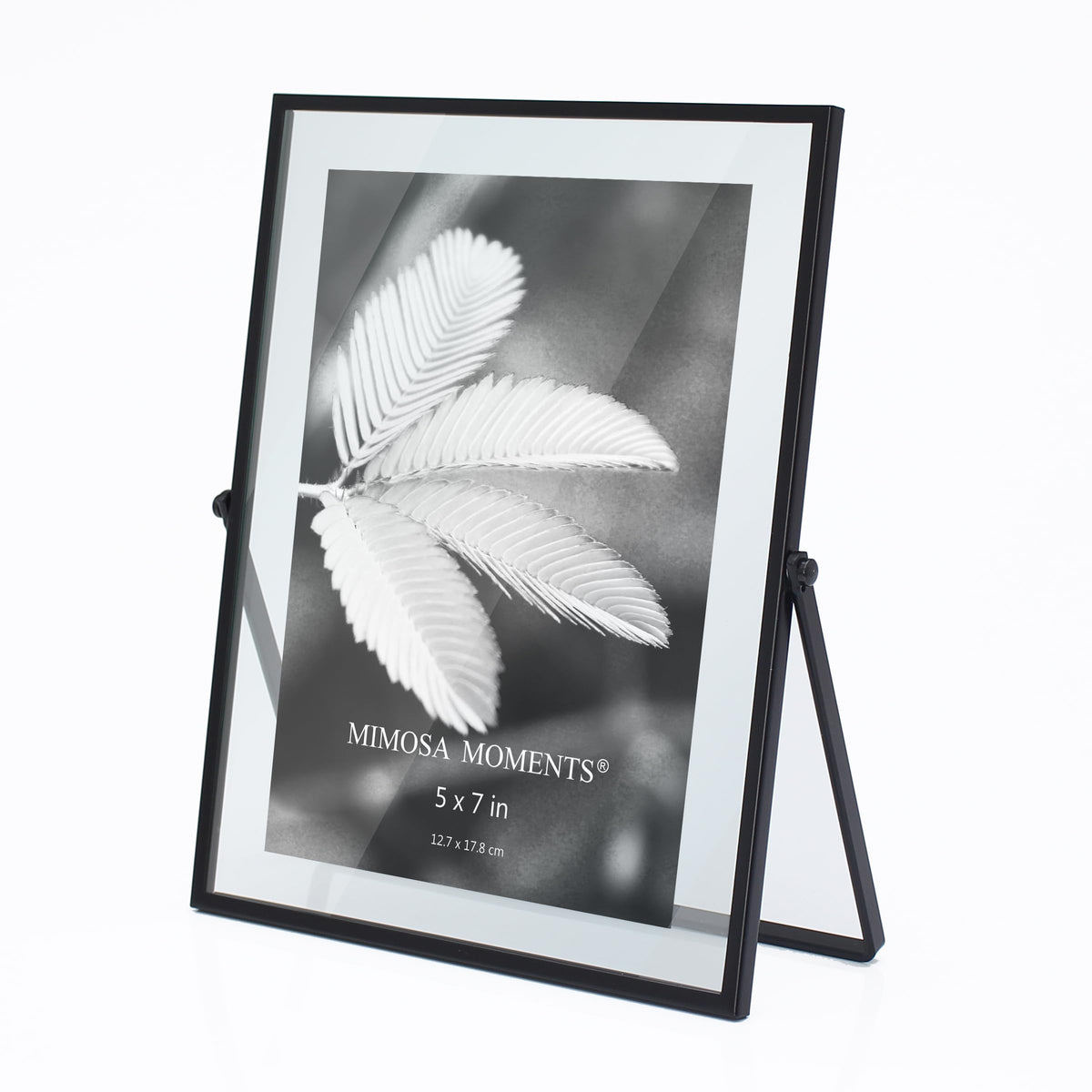 MIMOSA MOMENTS 5x7 Black Metal Floating Picture Frame, Double Glass Tabletop Display, Modern Minimalist Photo Frame for Home & Office Decor