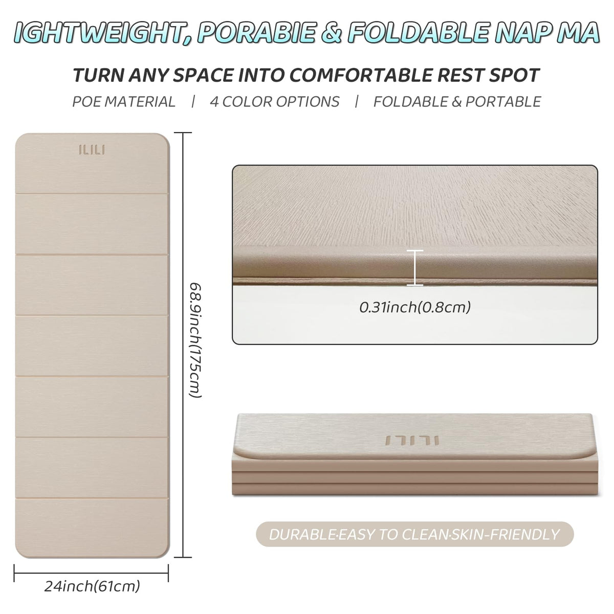 ILILI Foldable Yoga Mat 71 * 24 * 0.3'' - TPE Non-Slip Fitness Mat for Home，Waterproof & Lightweight (2lb) for Home Gym, Pilates & Stretching,Fitness Workouts (Beige)