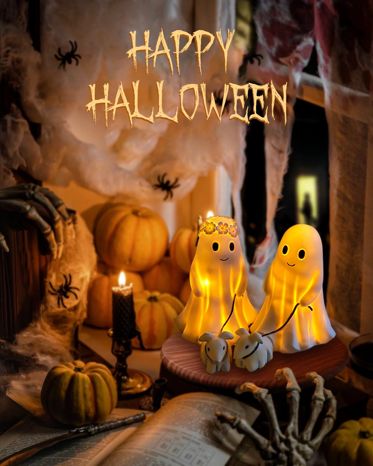 RWSEFK Ghost Walking Dog Display Statue Nightlight, Warm Lighted Indoor Figurine Lamps, Halloween Decors Spooky Dog Light, Cute Decorations for Party, Home, Bedroom, Shelf, Table Centerpiece (Boy)