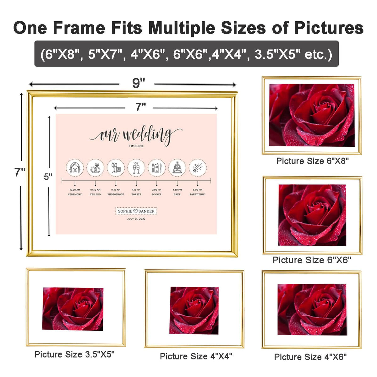CROXXID 5x7 Floating Picture Frames Set of 2, Made of Metal and Double Real Glass, for Photo Size up to 7x9, Tabletop Display Home or Wedding Decoration (Horizontal Gold)