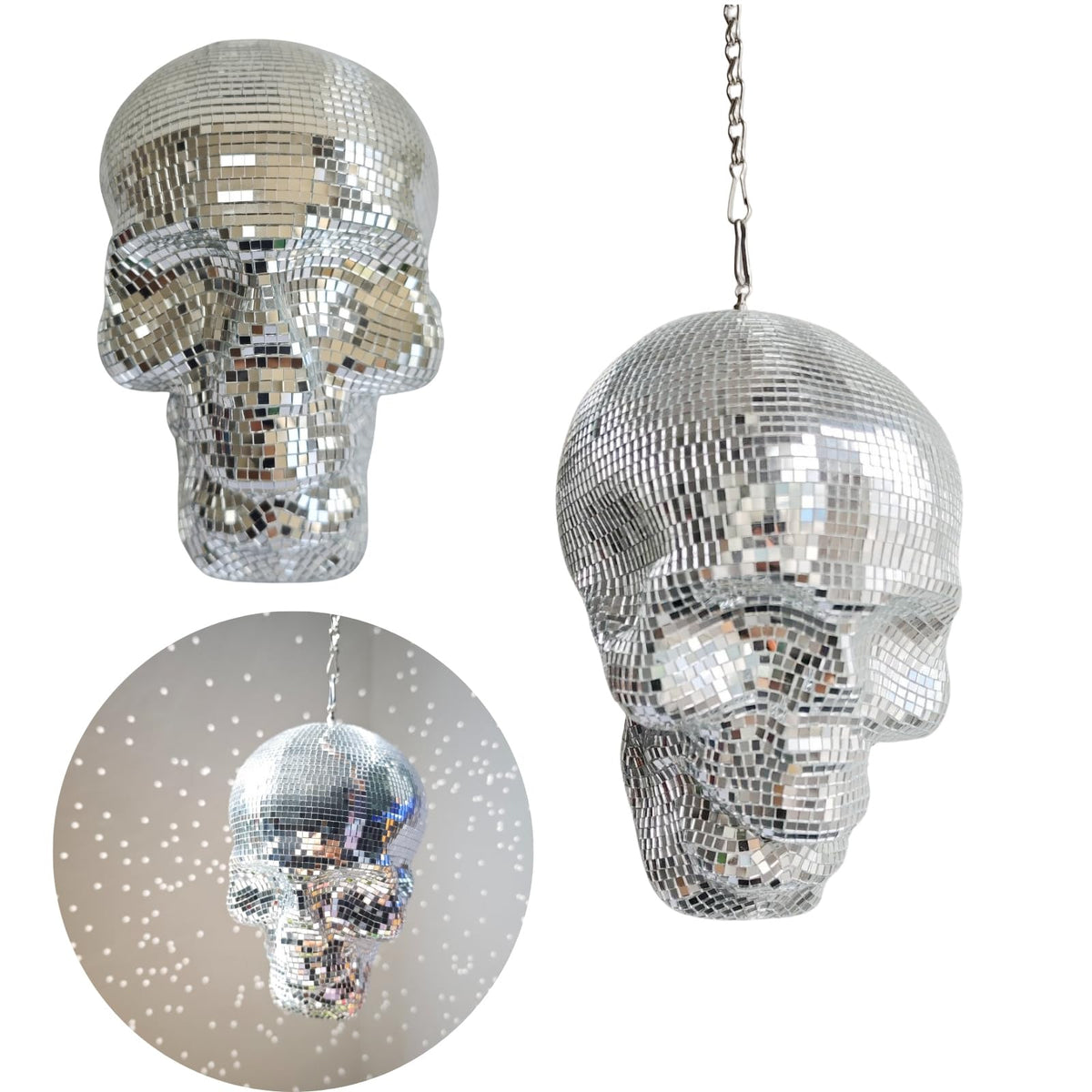 Disco Ball Skull Head, Holiday Hanging Skeleton Decor, 6x6x8inch Handmade Sculpture Shiny, Disco Skeleton Head, Skull Model, Unique Reflective, Party, Home, Silver