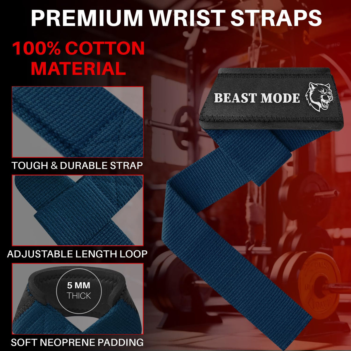 TECEUM Lifting Wrist Straps with Neoprene Padding Support – Navy Blue – Beast Mode – Heavy Duty Wrist Workout Straps For Men and Women – Ideal for Powerlifting, Strength Training, Bodybuilding