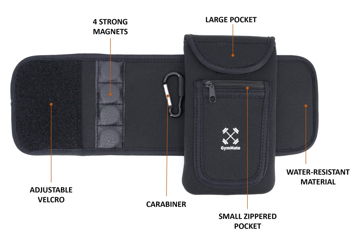 Gym Mate Magnetic Water Bottle Sleeve Pouch for Gym. Attaches Magnetically to Metal Surface so Your Bottle is Always Within Reach. Accessory Pockets for Cell Phones, Key, Cards, Headphones.