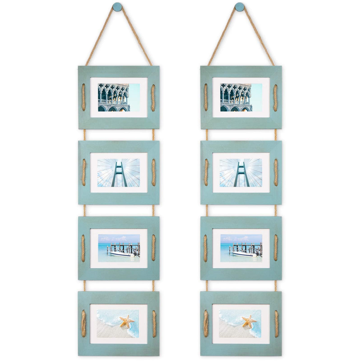 DLQuarts 5x7 Hanging Collage Picture Frames Wall Decor, 4-Opening 5x7 Matted to 3.5x5 Photo Rustic Wood Frame with Hemp Rope, 2 Pack, Ocean Blue