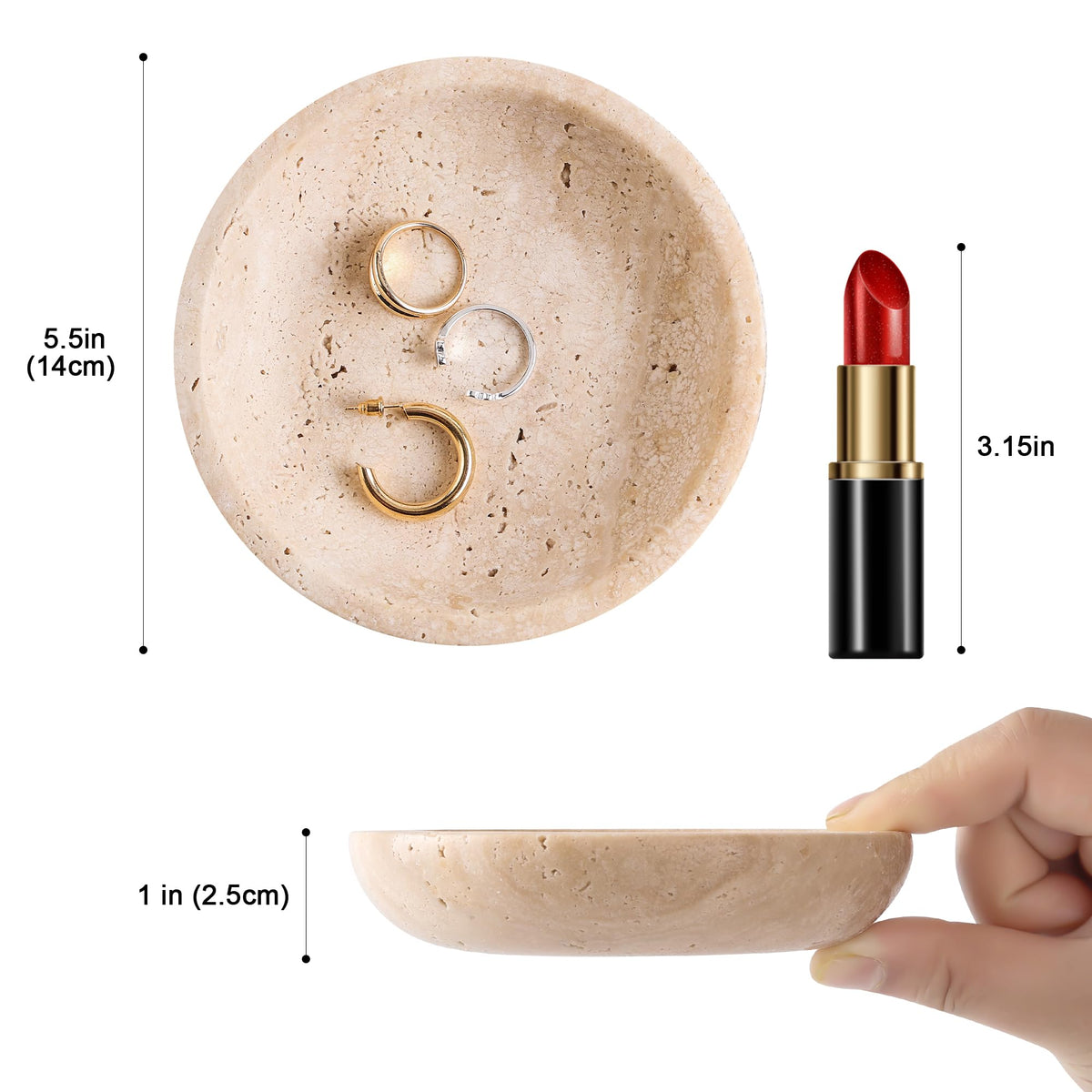 Natural Marble Travertine Ring Dish Jewelry Tray 5.5" for Women, Marble Trinket Dish for Key Earring Nightstand, Mother's Day Engagement Birthday Gift - Beige Travertine
