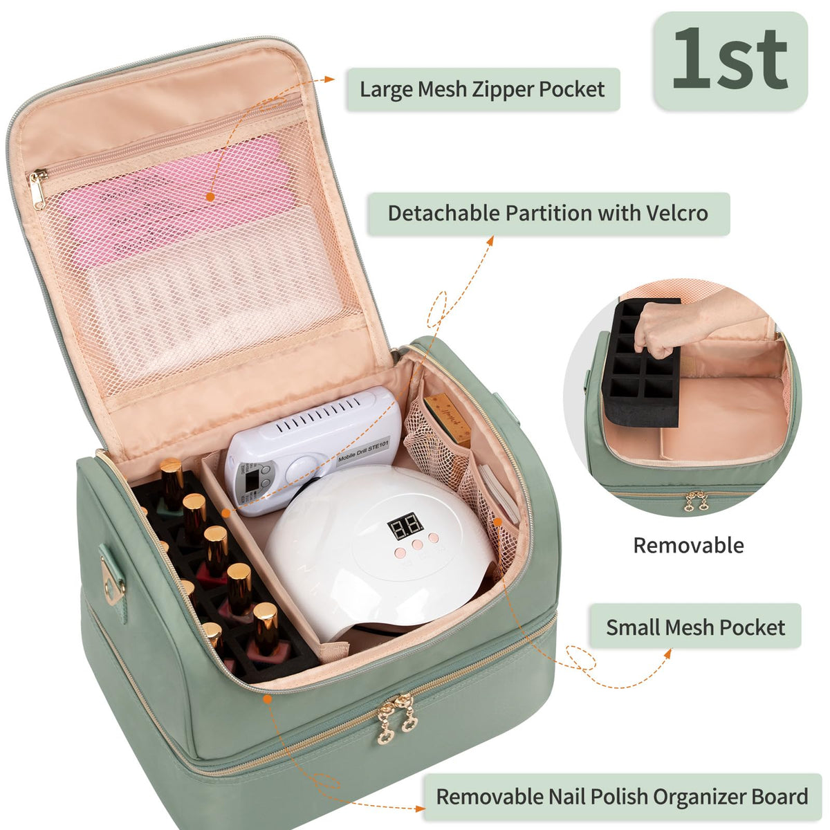Nail Polish Organizer Case, Nail Supplies Storage Box Holds 45 Bottles Nail Polish & Nail Lamp, Travel Nail Tech Carrying Case, Nail Kit Bag For Nail Stuff & Manicure Tools