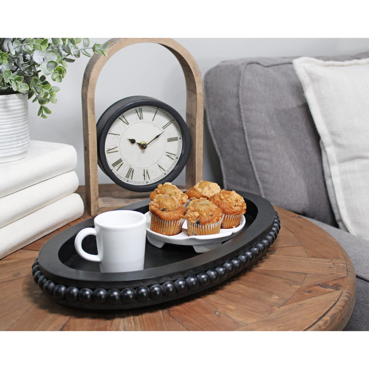 AuldHome Design Wood Beaded Tray (Black), Decorative Farmhouse Style Oval Wooden Tray