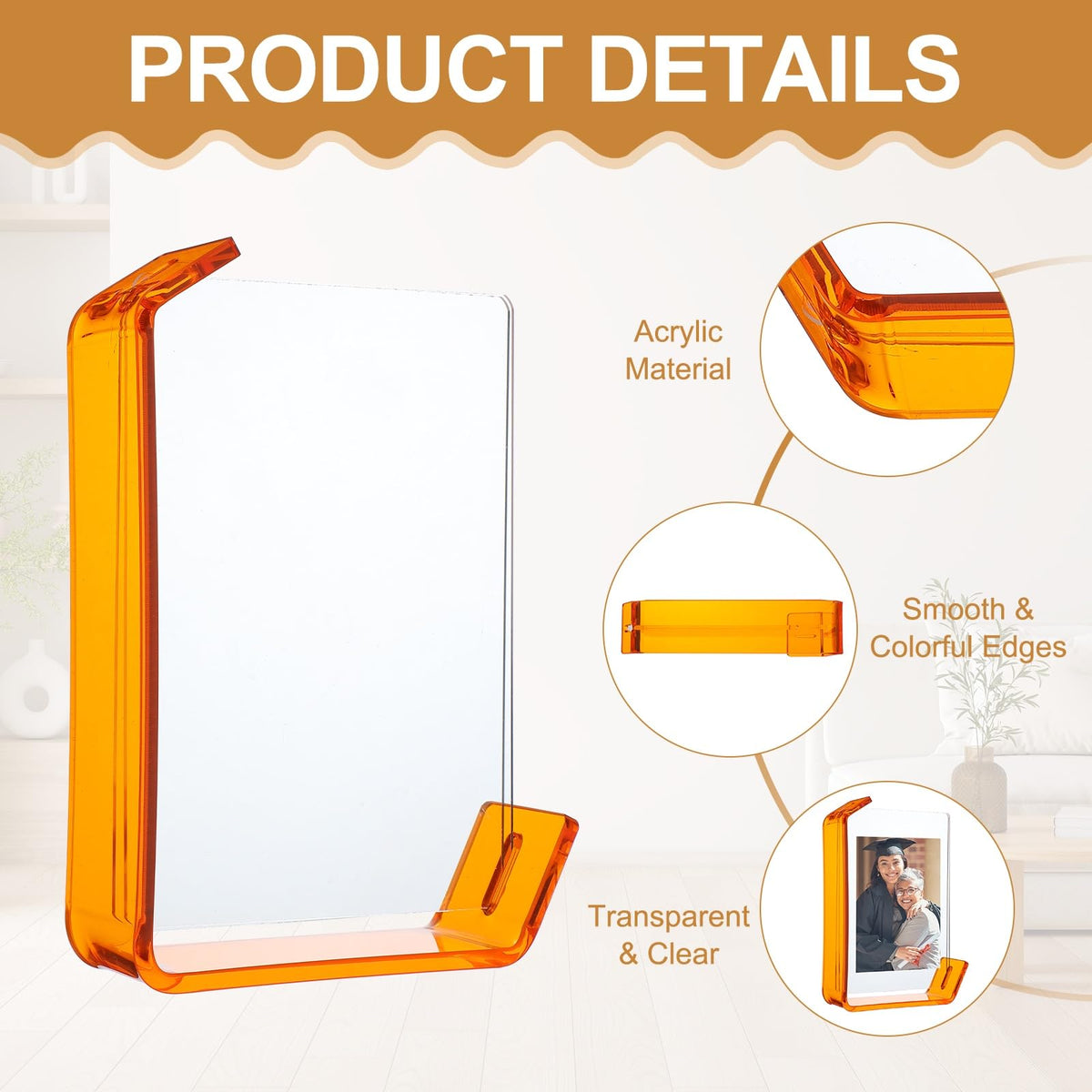 uxcell 5x7 Inch Acrylic Picture Frame, Floating Picture Frames for Wall or Tabletop Display, Hanging Photo Frame Stand for Office Home, Orange