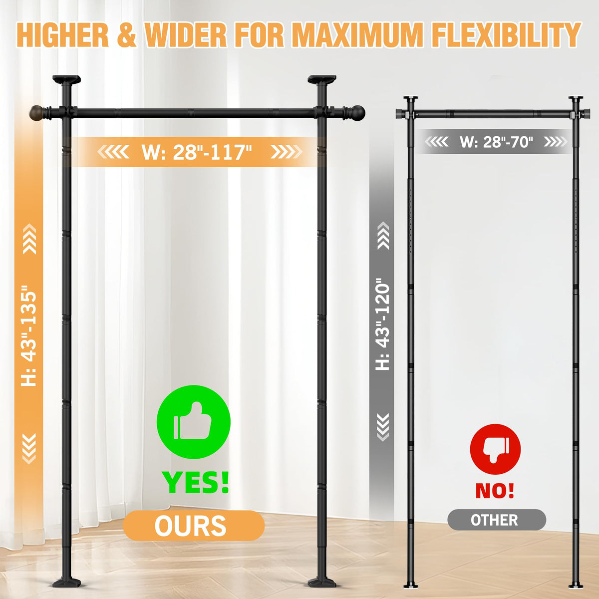 AKTOP Room Divider Curtain Rod, No Drilling Privacy Room Separator for Space Partition, 4-11ft(H) 28-117”(W) Adjustable Heavy Duty Floor to Ceiling Wall Divider Tension Rod for Room Separation, Black
