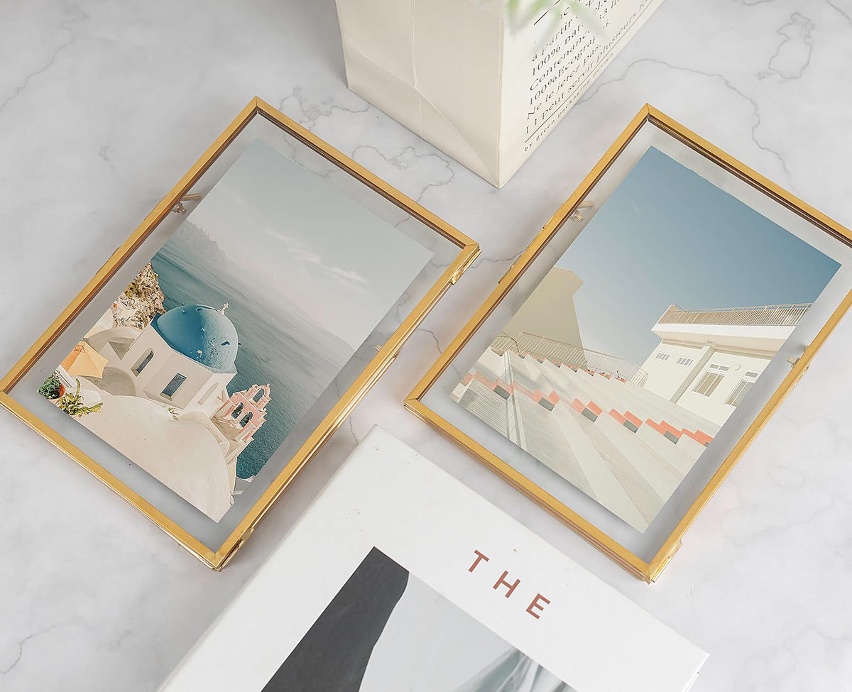 Jajamy Gold Floating Picture Frame Set of 2, Tempered Glass Floating Frames 5x7, Gold Picture Frame for Multi Size Photo 4 x 6, 3 x 5 for Tabletop Display