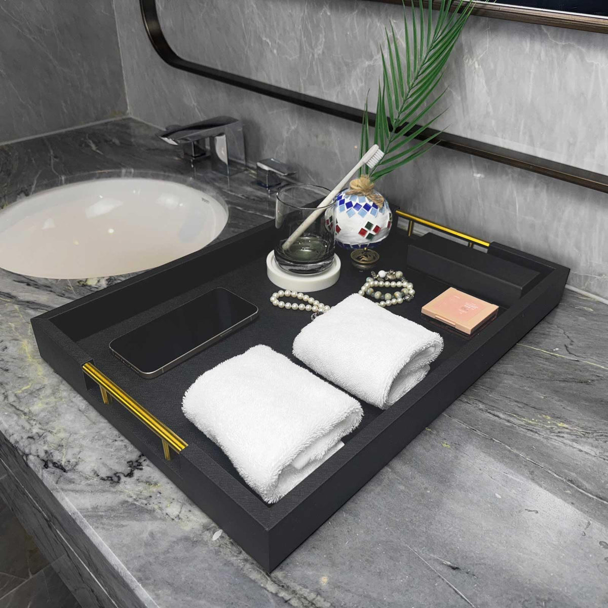 14x20 Inches Black Faux Leather Wrappen Wood Serving Tray with Metal Handles for Various Occasions, Ottoman, Home Decor Decorative, Living Room, Coffee Table Organizer, Serving Breakfast On Bed