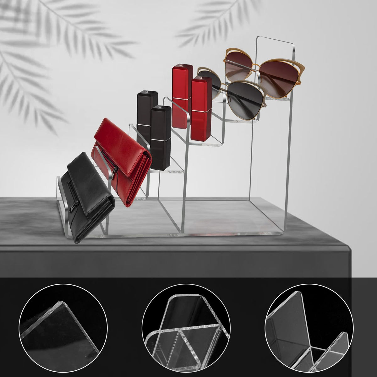 Acrylic Wallet Display Stand Purse Handbag Organizer, Clear Jewelry Riser Display Stand Purse Display Rack, Acrylic Display Shelf for Cosmetic Perfume Jewelry Sunglasses Handbag (2 PCS-4 Tier)