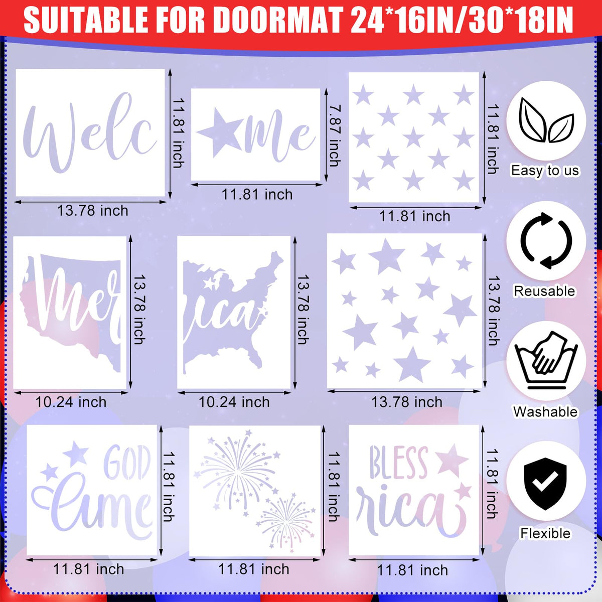 Frienda 9 Pcs 4th of July Stencils for Door Mats Reusable Welcome Templates Large Stencils for Drawing DIY Painting on Wood Floor Doormat Crafts (Various Sizes)