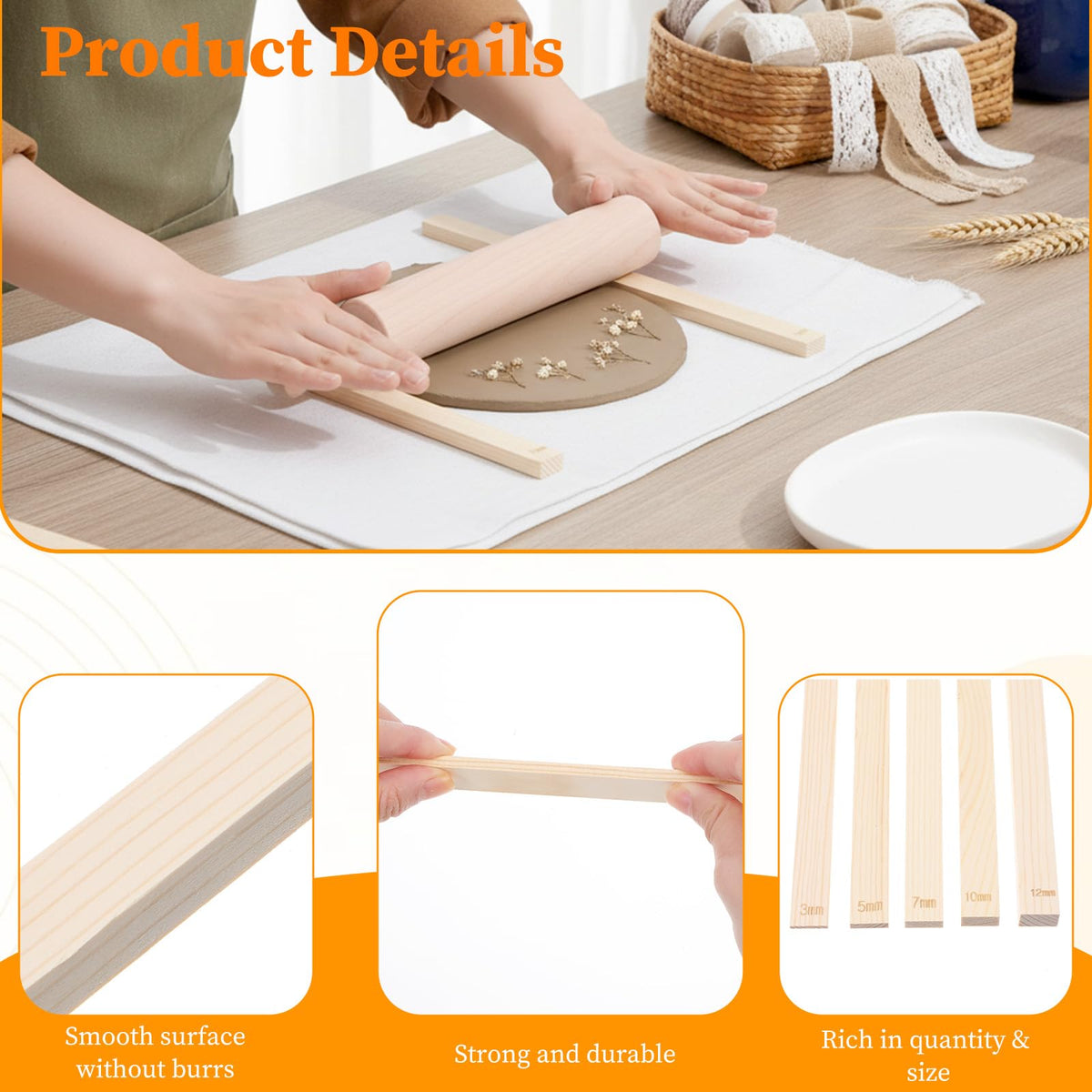mekueeex 12 Pcs Polymer Clay Tools Set with Bamboo Clay Rolling Pin, 5-Size Guide Rails & Linen Mat - Essential Pottery Tools and Supplies for Sculpting, Pottery Wheel & DIY Crafts