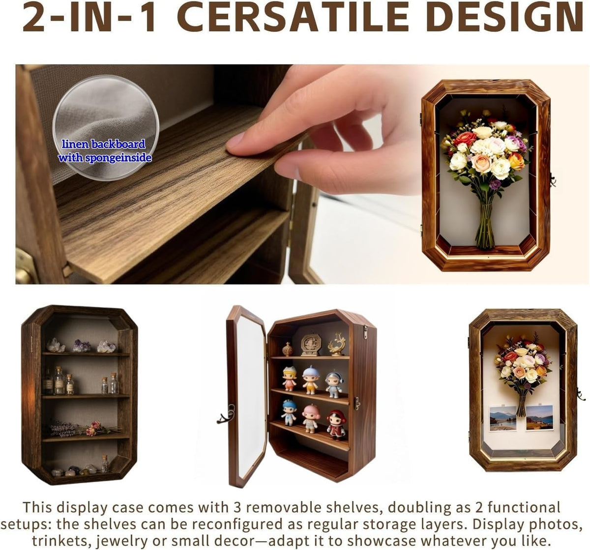 AMZWKT Shadow Box Frame, 10x16 Carbonized Brown Display Case with Linen Back & Detachable Shelves for Wedding Bouquet, Photos, Medals, Collectibles, Souvenirs & Home Wall Decor