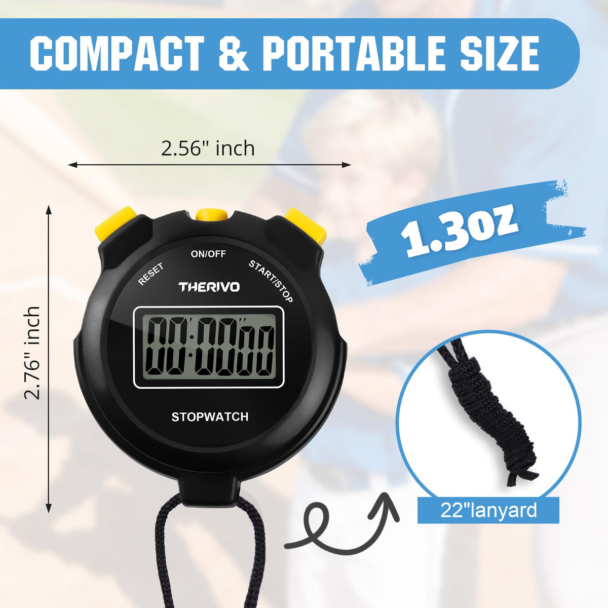 Therivo Digital Simple Silent Stopwatch Timer: Only Stopwatch Mode (No Laps), Easy to Use, Read, and Carry with Intuitive Buttons — On/Off, Large Display, Ideal for Kids, Track, Sports, Coaches