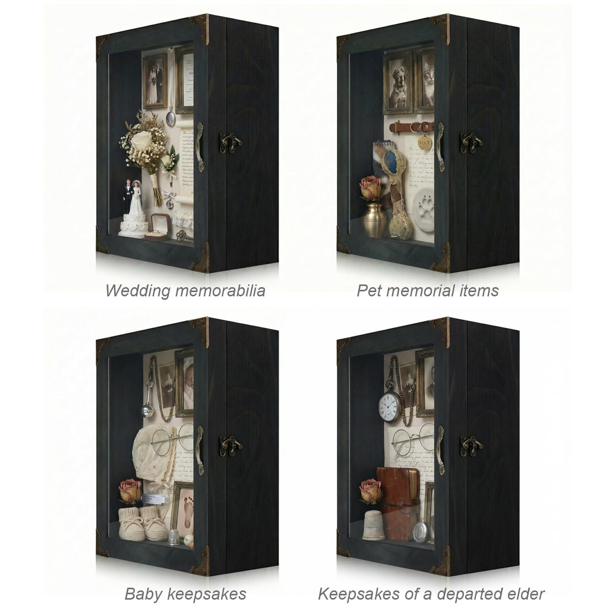 KAASTHAA Shadow Box Frame 11x13, Depth 5in Shadow Boxes Display Cases, Acrylic Door, Rustic Burnt Wood, Vintage Metal Accents, Hinged Door, Metal Handle and Latch, Linen Back