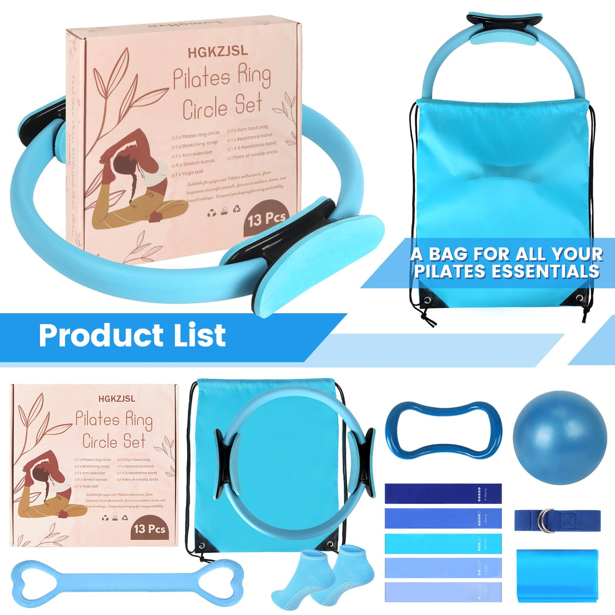 Pilates Kit for Women 13PCS, Pilates Ring and Ball Set with Magic Circle, Resistance Bands Set, Figure 8 Band, Yoga Ring & Grip Socks, Home Workout Equipment Essentials Starter Kit for Beginners