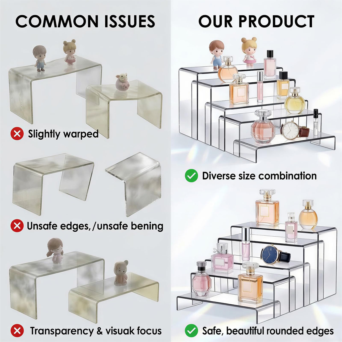 Fixwal 10pcs 2 Set Acrylic Risers for Display Clear Perfume Organizer Stands Acrylic Display Risers for Show Figures, Cupcake, Jewelry, Toys, Perfume and More (Large Size)