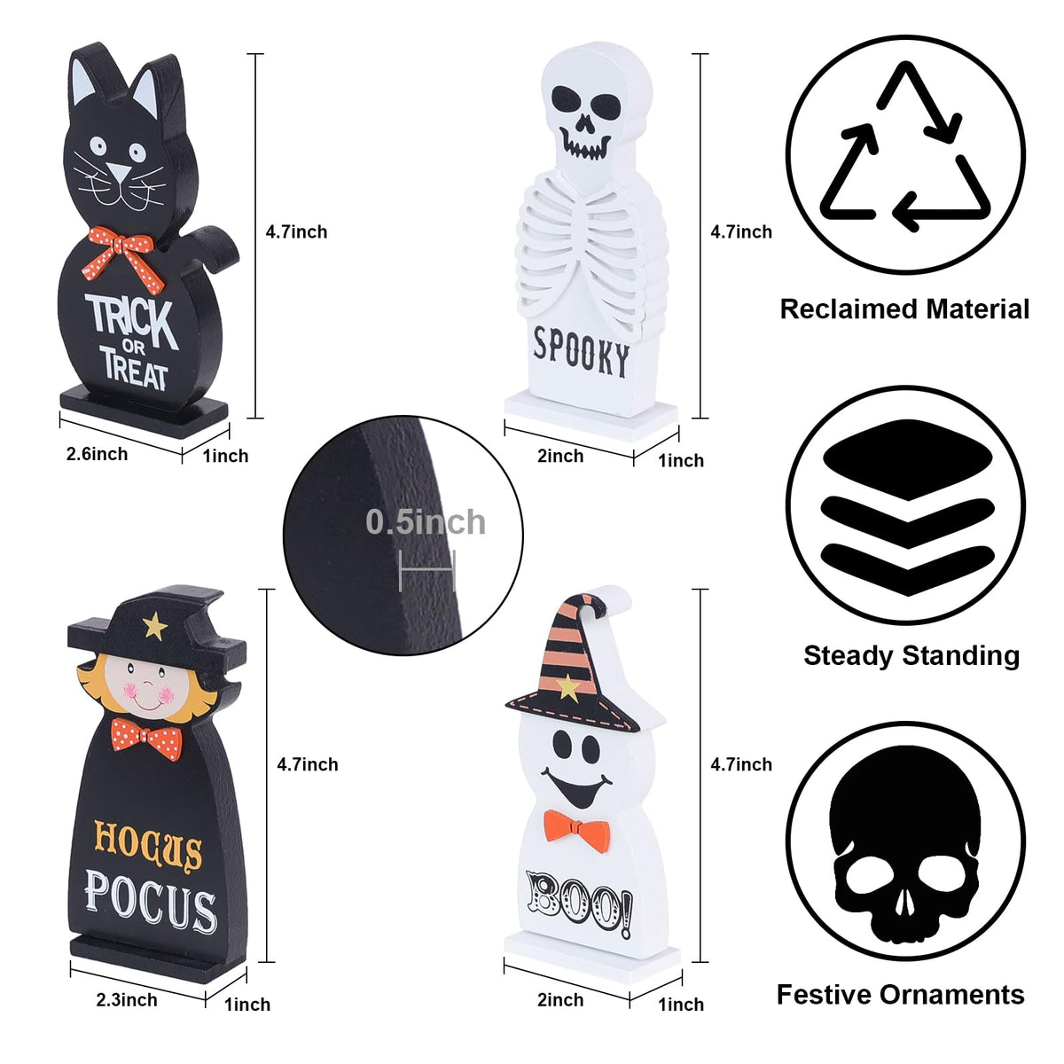 Halloween Decorations Indoor, DECSPAS 4 PCS Wood Blocks Halloween Table Decor, Ghost Black Cat Skull Witch Gothic Tabletop Ornaments, Hocus Pocus Decorations for Home, Tiered Tray, Shelf, Mantel