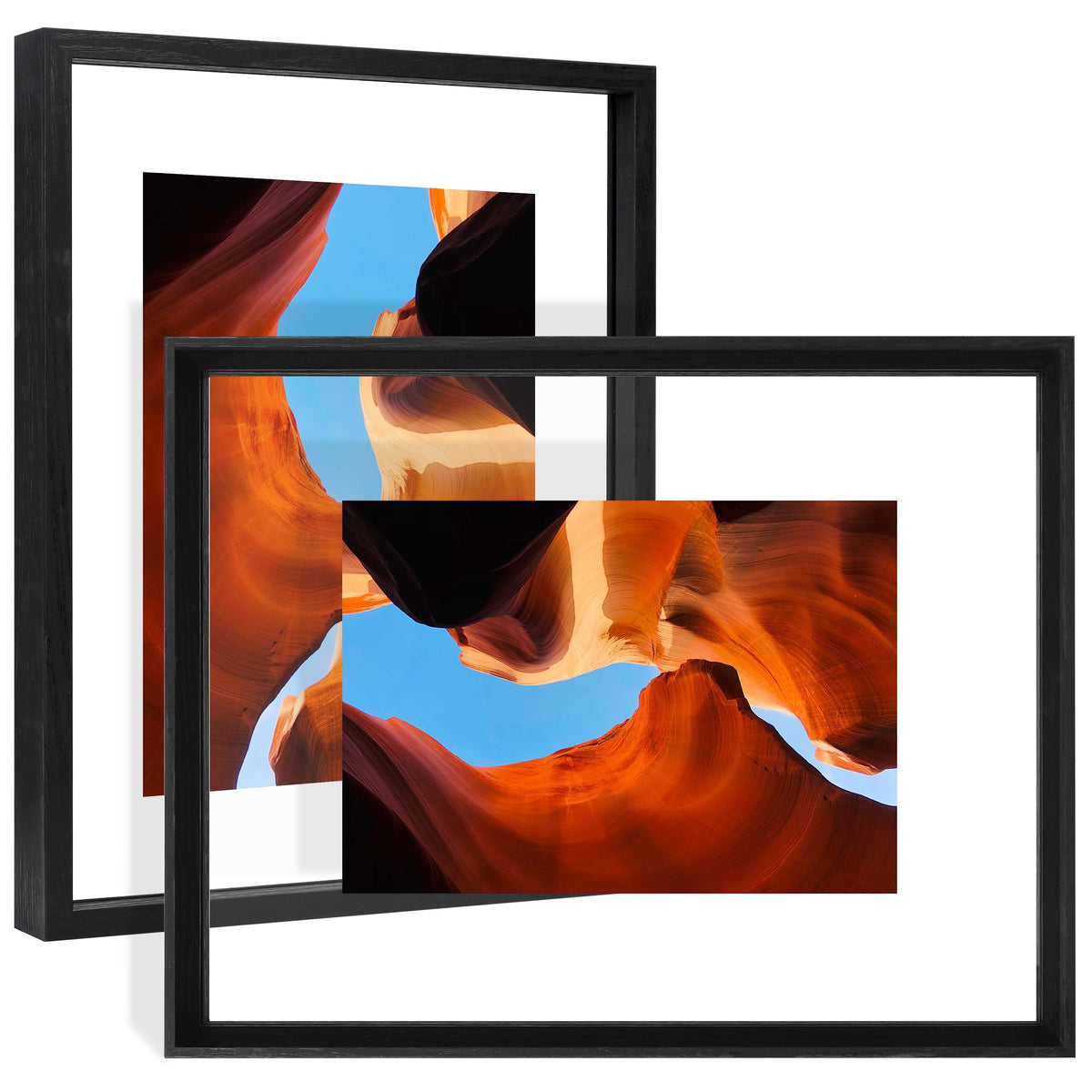 YOTINTIN 11x14 Floating Frames 2 Pack Wooden Photo Frame Double Sided Glass Picture Frame for Any Size Picture up to 11x14, Wall Mount or Tabletop Displays, Double-edged Frames, Black