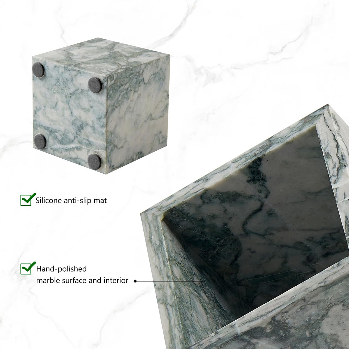 Real Luxurious Natural Marble Toothbrush Holder & Makeup Brush Organizer & Pen Holder for Desk,3.93inch Square Marble Utensil Holder Non-Ceramic/Non-Resin （Cyan Green）