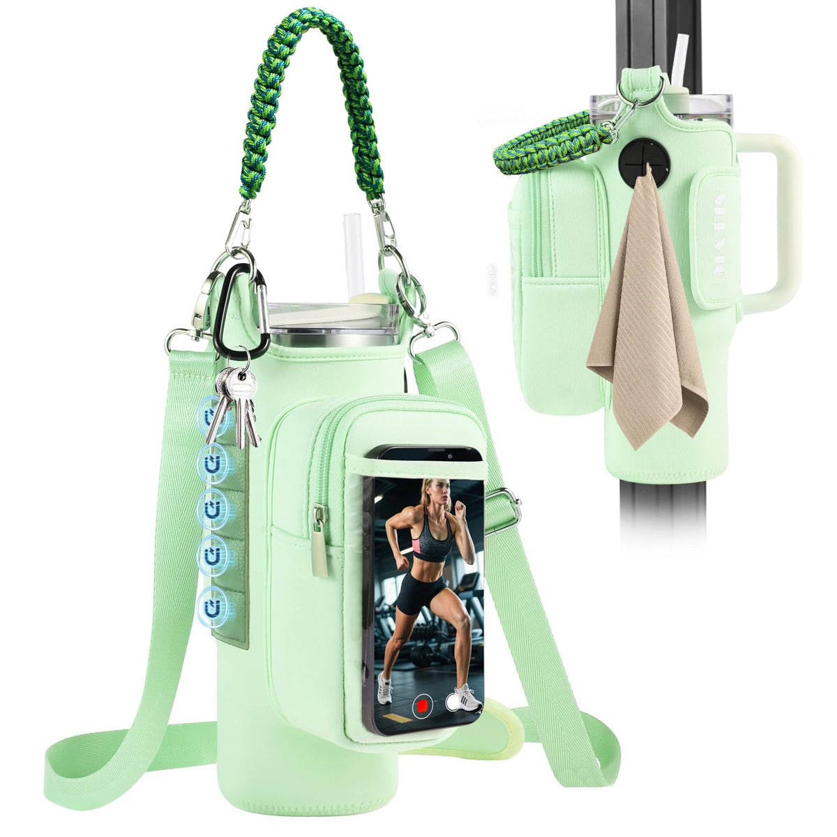 Magnetic Gym Bag for Men Women, Water Bottle Carrier Holder with Strap for Stanley, Small Bag Accessories pouch with N52 (Green)