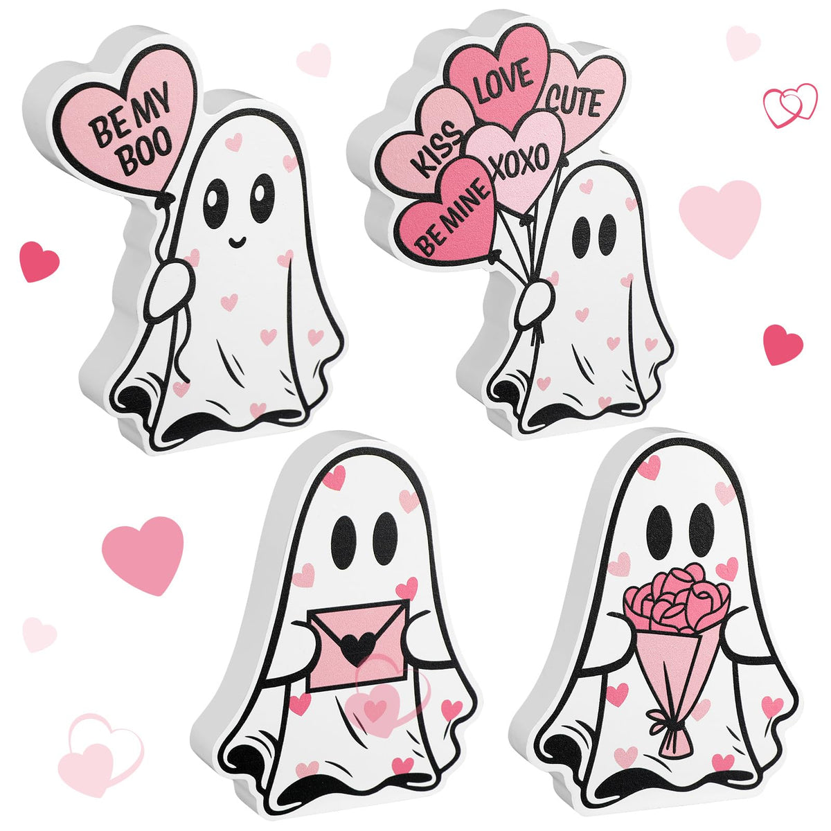 Novabright 4 Pcs Valentines Day Ghost Table Decorations Wooden Pink Heart Horror Valentines Decor Cute Ghost Boo Tiered Tray Decor Wood Centerpieces Signs Tabletop for Home Office Party Love Gifts