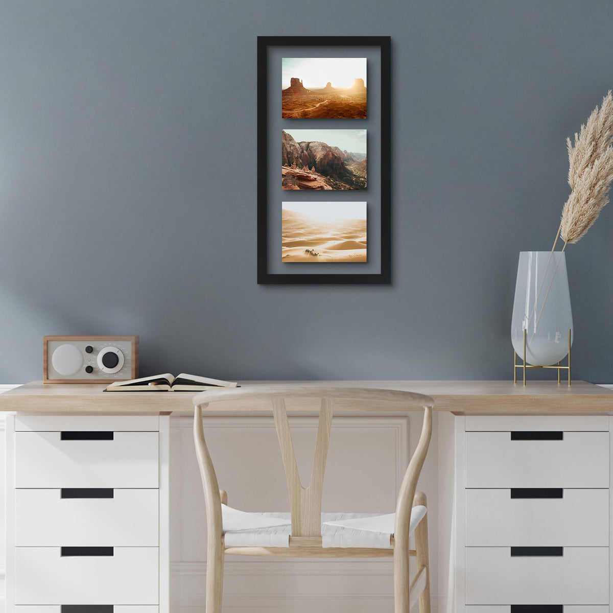 Americanflat 5x7 Picture Frame Collage with Shatter-Resistant Glass - Fits Three 5x7 Photos or use as One 10x20 Picture Frame - Signature Collection - Collage Frames with Floating Effect - Black