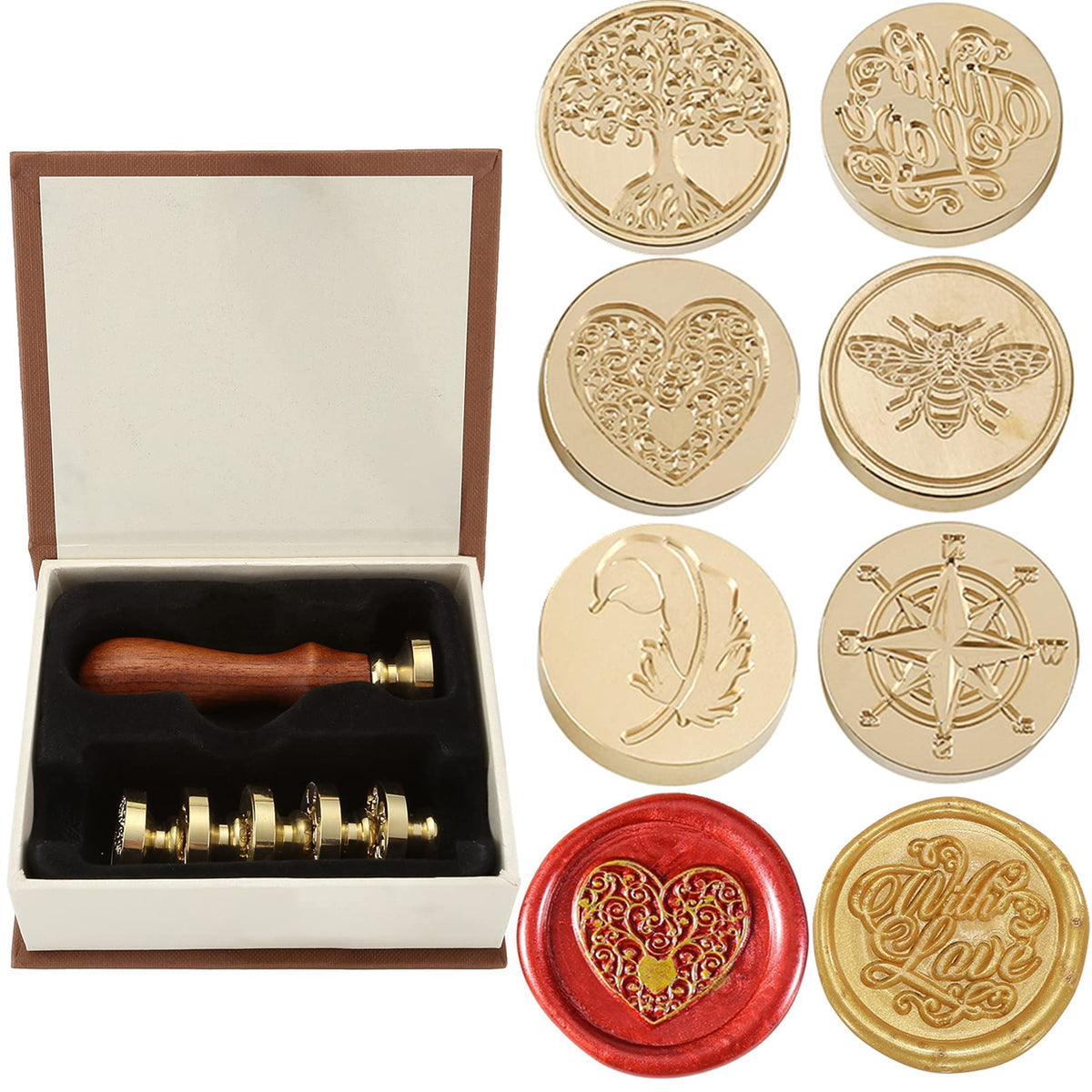 Yoption 6 Pcs Wax Seal Stamp Set, Vintage Tree of Life Bee Heart Compass Feather with Love Sealing Wax Stamps Kit, Wooden Handle with Brass Head for Wedding Invitation Cards Christmas Gift