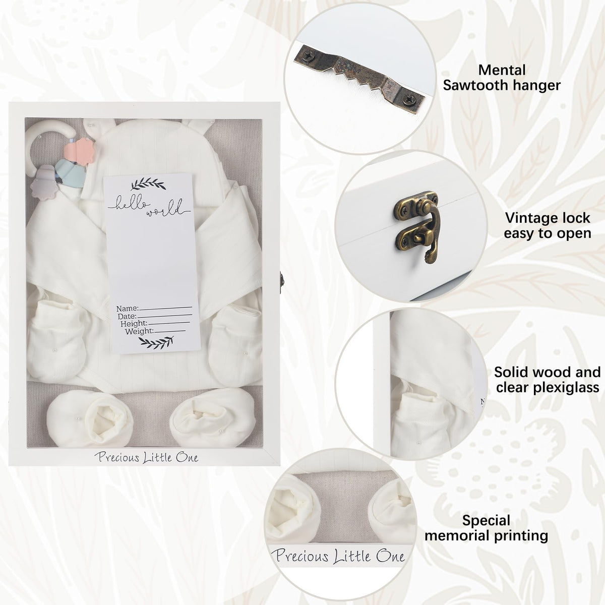 Jetec 12 x 16 Baby Shower Shadow Box Large Baptism Gift Baby Keepsake Box with Linen Back Hello World Newborn Sign Ink Pad Wood Memory Frame Case for Gender Reveal New Dad Mom Keepsake(White)