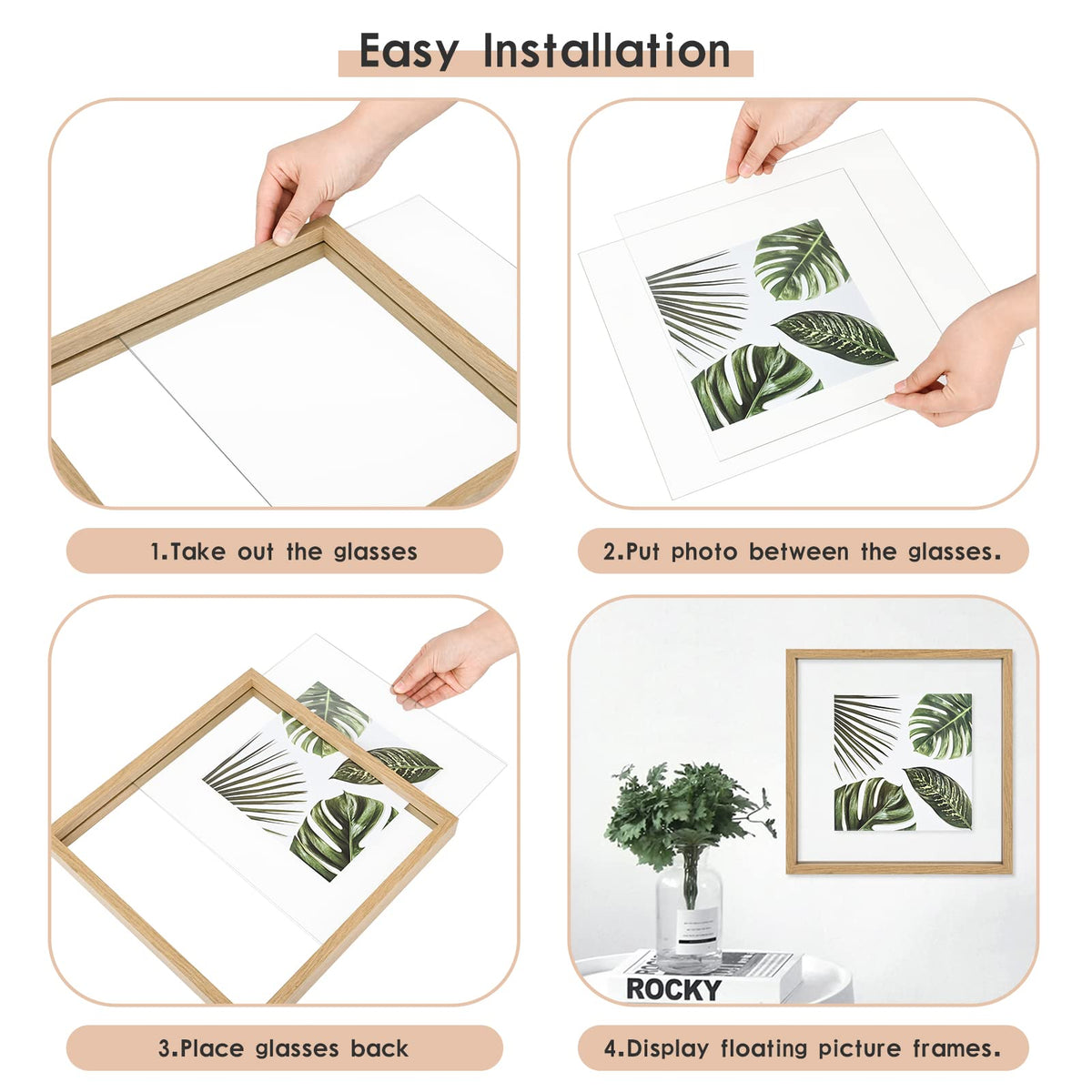 MUYE 10x10 Floating Frame Set of 2,Double Glass Square Photo Frame,Display Any Size Photo up to 10x10,Wall Mount or Tabletop Standing,Natural