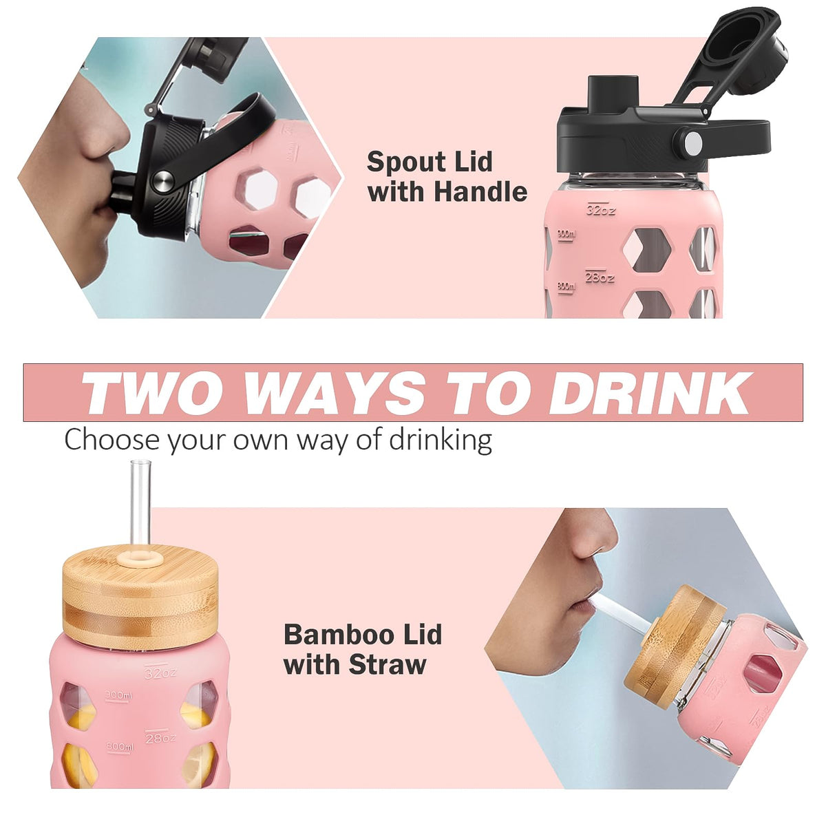 MUKOKO Glass Water Bottles, 32oz Glass Tumbler with Straw, Drinking Bottles with 2 Lids-Handle Spout Lid&Bamboo Straw Lid, Motivational Water Bottle with Time Marker and Silicone Sleeve, 1 Pack-Pink