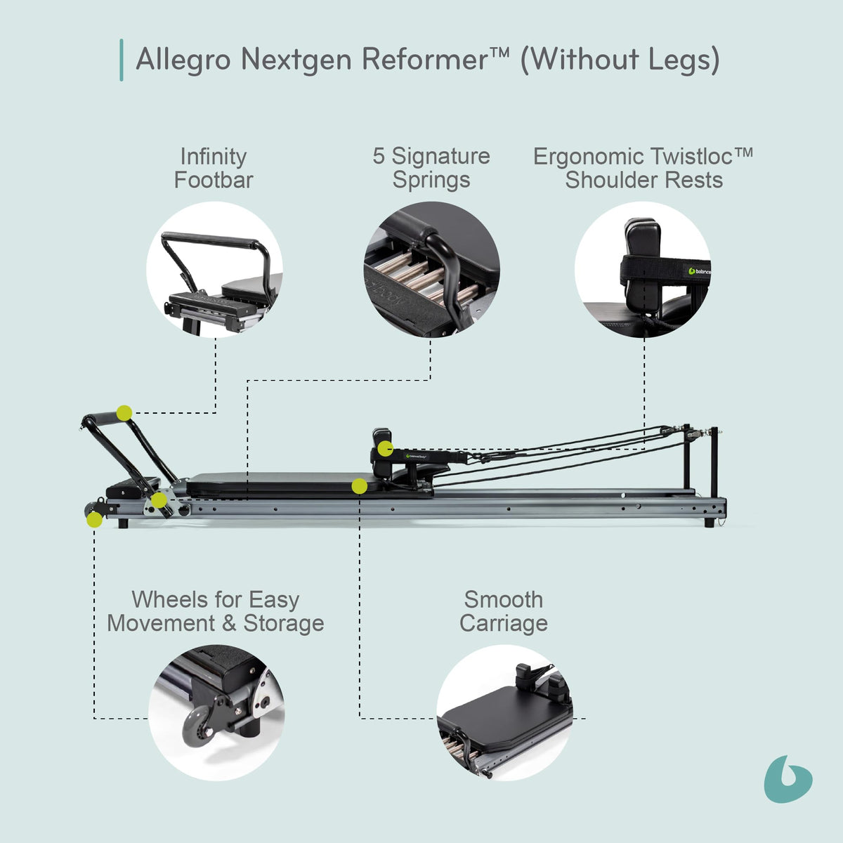 Balanced Body Allegro Nextgen Reformer Standard No Legs, Pilates Equipment for Home and Studio Workouts