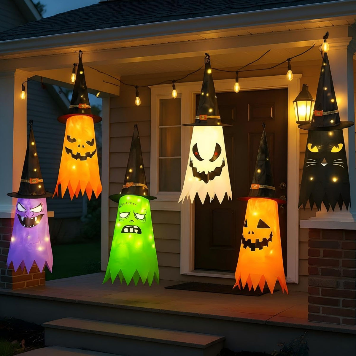 Qilery 6 PCS Hanging Witch Ghost Hats Decorations - Halloween Hanging Ghosts Decorations Outdoor - 31 Lighted Pumpkin, Cat, Mummy, Vampire, Zombie Theme for Yard Tree Porch Patio Garden Party