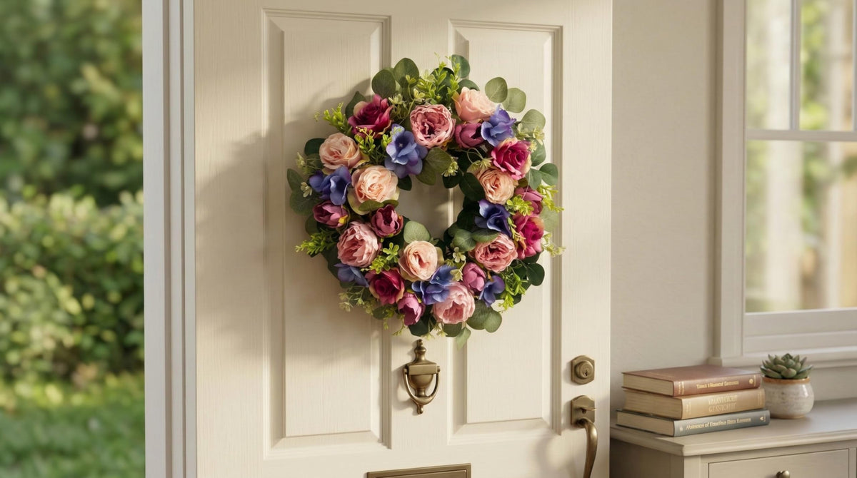 Svndlyn 22 Inch Lighted Floral Wreath with Timer for Front Door Decor