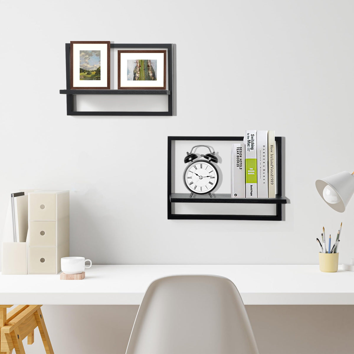 PHOENANCEE Square Floating Shelves,Framed Wall Shelf Decorative Set of 4,Modern Plants Hanging Display Art Decor Storage for Livingroom Bedroom Bathroom Farmhouse,Home Light Wood,Rustic Black