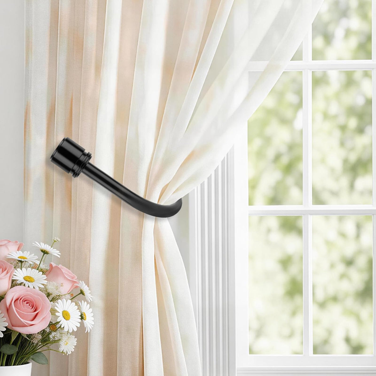 Curtain Holdbacks 2 Pack, HOTOZON Decorative Curtain Tieback with Screws Wall Mounted, Curtain Hooks for Drapes with Simple End Finials, Black (1 Pair/2 Pack), Large