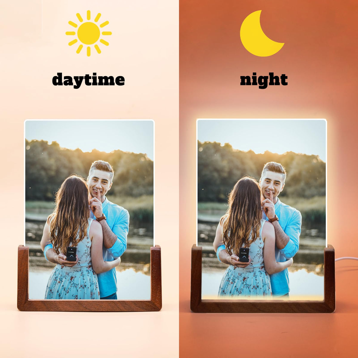 HETOOSHI Walnut Night Light Photo Frame - Illuminated Acrylic Picture Frame with Glowing Wooden Base, USB Powered Including charger, Easy Photo Swap (Vertical, 4X6 inch ﻿)