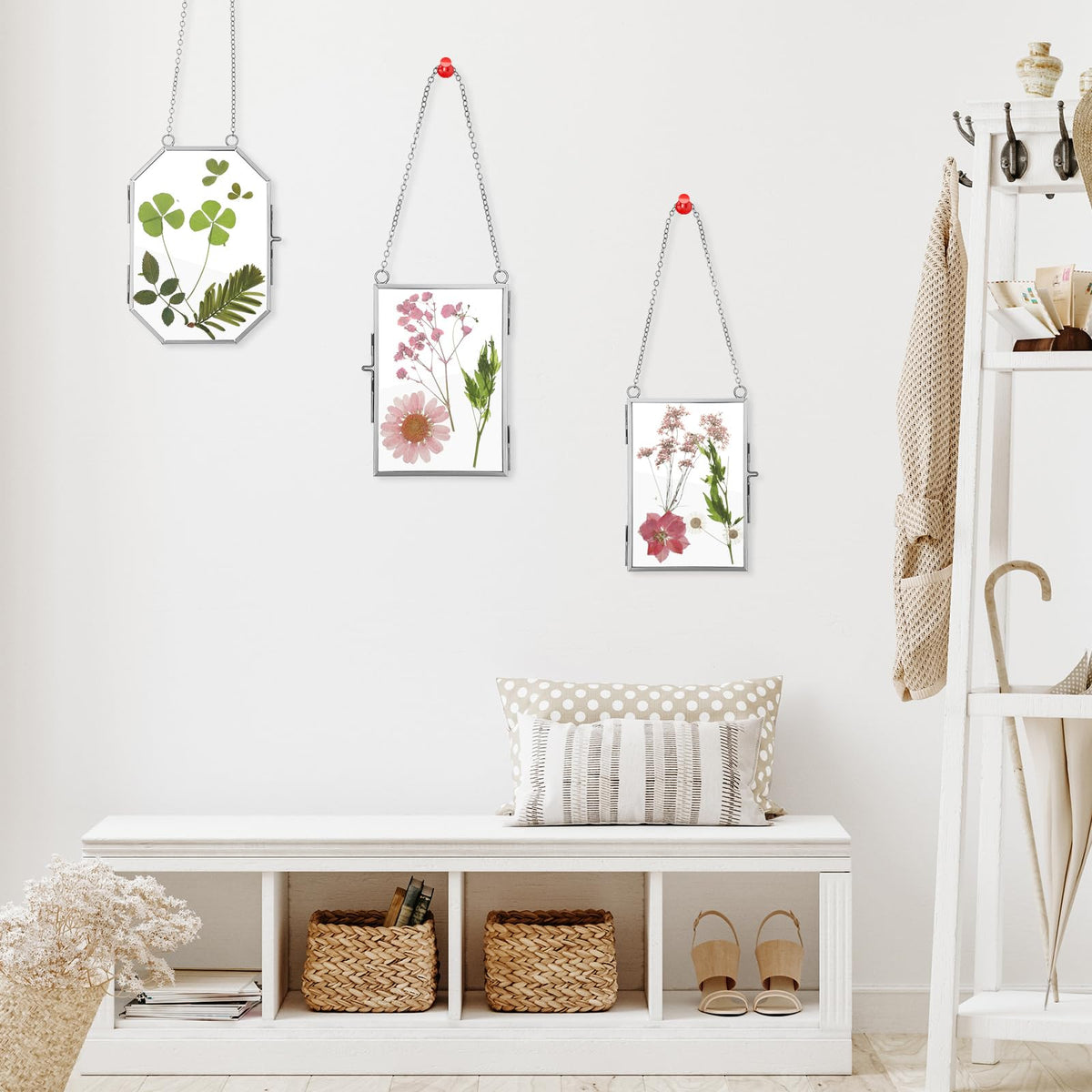 Bucherry 5 Pcs Glass Frame for DIY Pressed Flowers Art Hanging Photo Picture Frame with Chain and 6 Styles Pressed Flowers Collage Glass Craft Frames for Wall Decor Display Gallery (Silver)