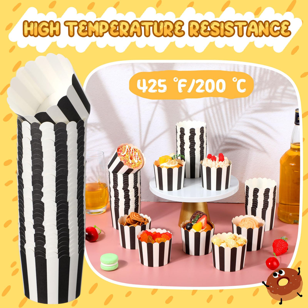 Romooa 300 Pcs Cupcake Liners Baking Paper Cup Muffin Liners Stripes Cupcake Wrappers 2.3 Inch Muffin Baking Cups for Carnival Halloween Birthday Party Supplies(Black and White)
