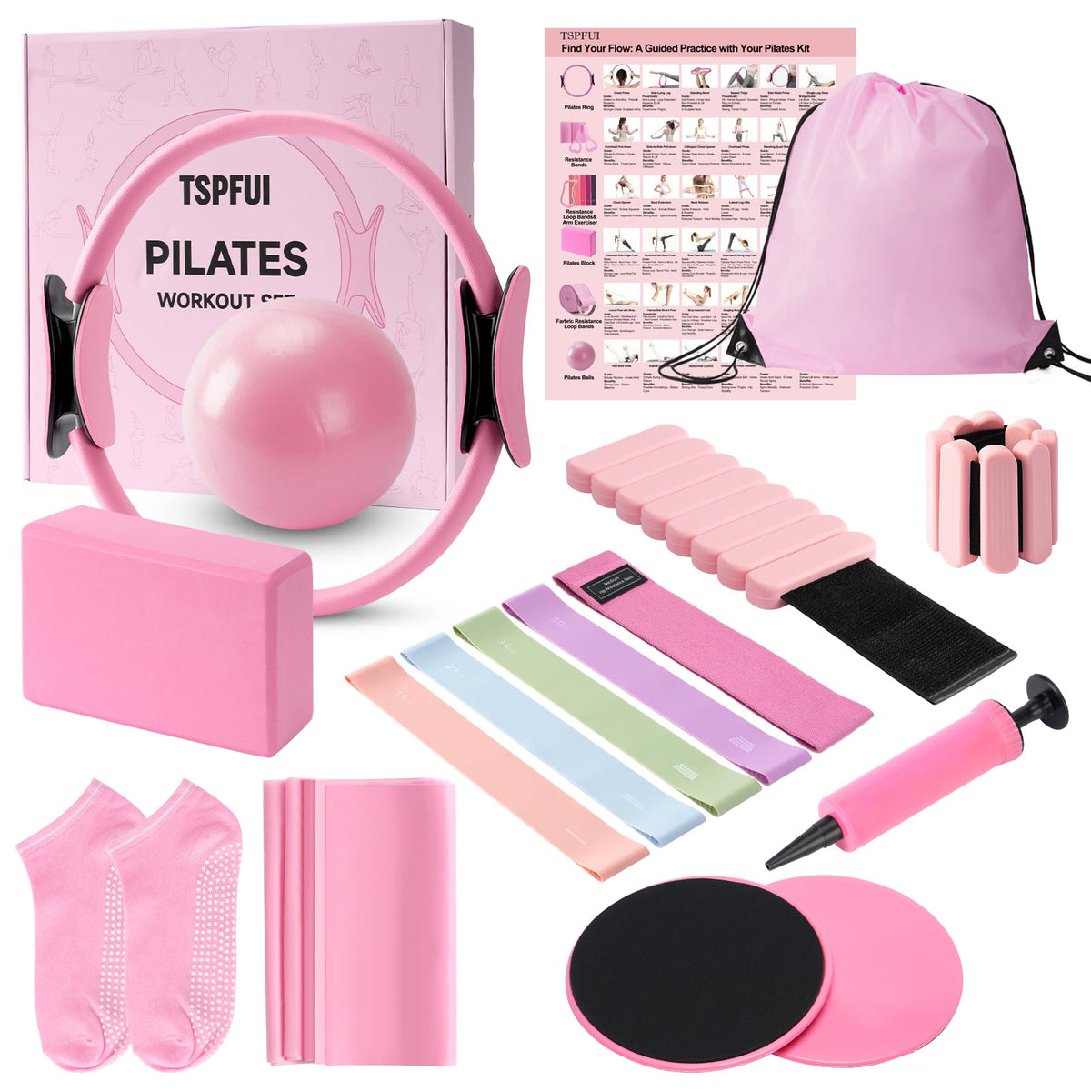 TSPFUI Pilates Kit, Home Pilates Workout Kit for Women, Pilates Equipment with Pilates Ring and Ball, Yoga Block & 5 Resistance Bands, Ankle Weights, Sliders & Grip Socks, Workout Guide Included