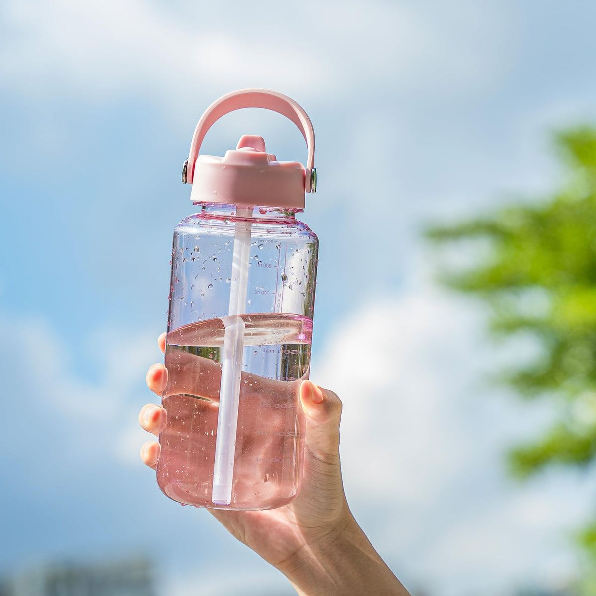 OLDLEY 32 oz Clear Water Bottle with Straw,Tritan BPA-Free, Wide Mouth, Leak Proof - for Gym, Travel, Home, School, Office (Pink)