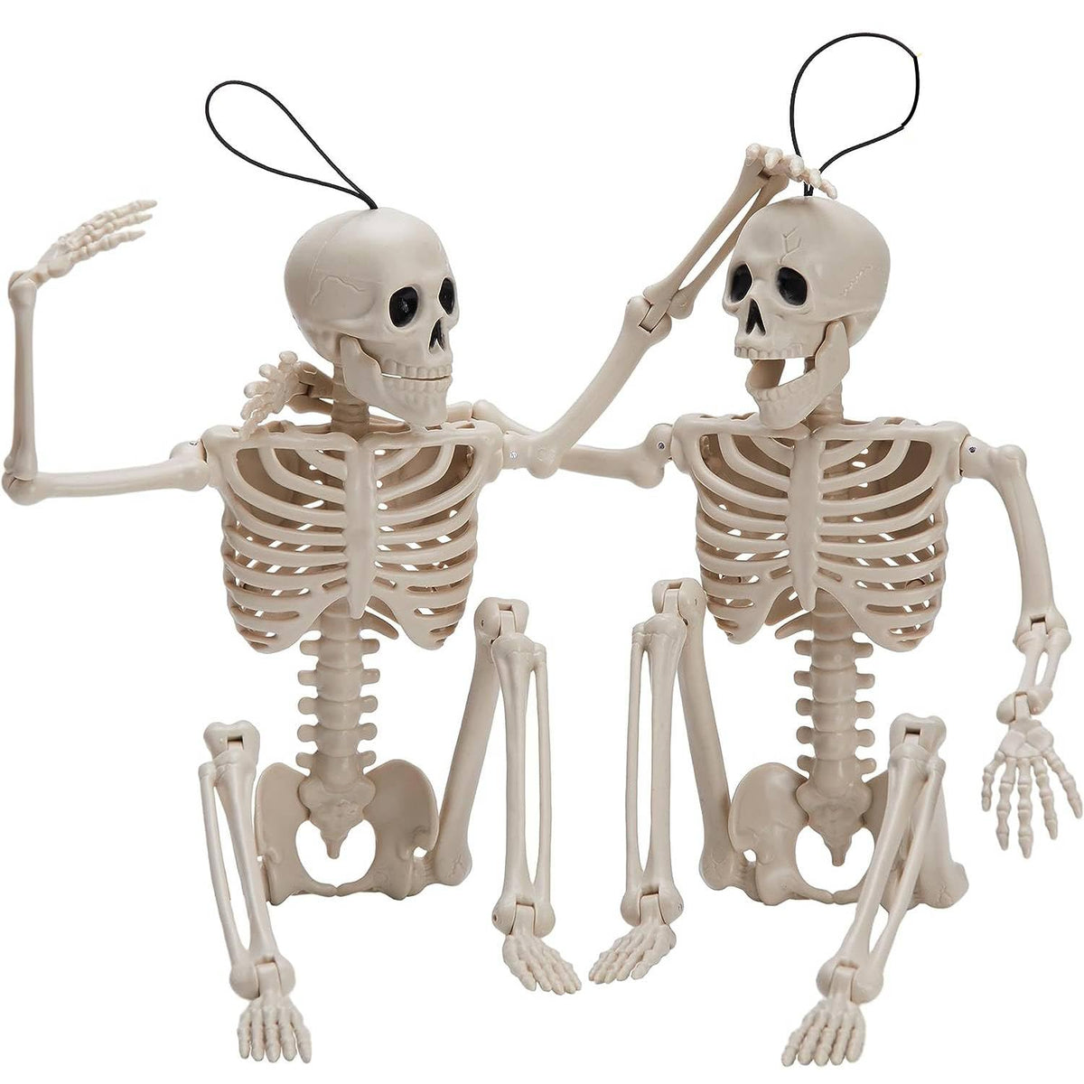 JOYIN 2PCS 16" Halloween Skeleton Decor, Full Body Stayable Movable Joints, Posable Hanging Skeletons for Halloween Decoration, Yard, Graveyard, Haunted House Props, Spooky Scene Party Favor