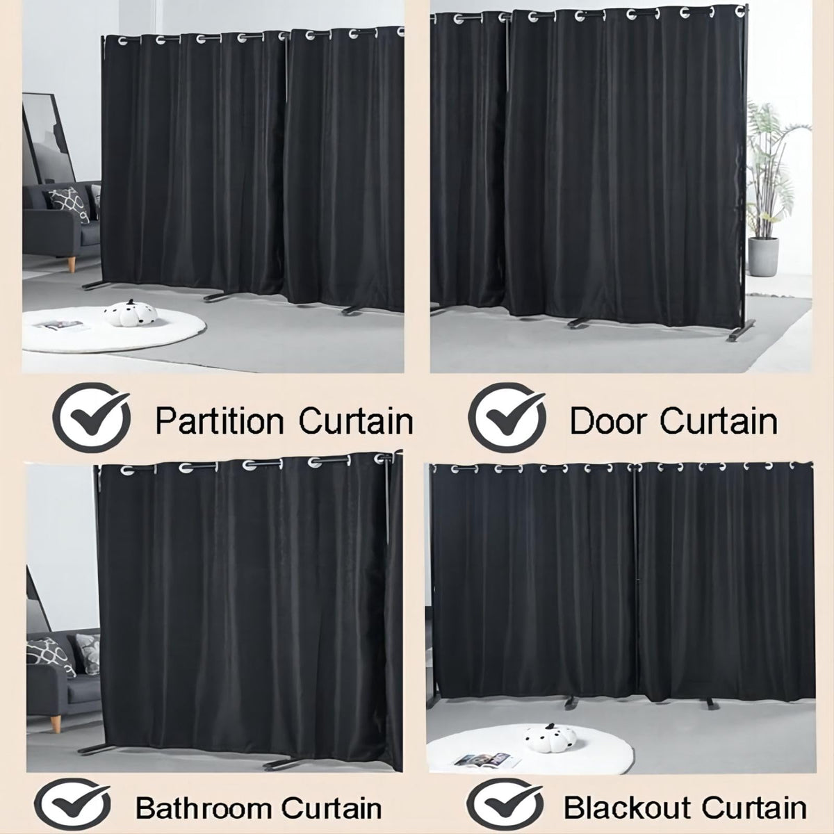 Portable Room Divider Panel, Folding Freestanding Room Partition Wall, Home Vertical Curtain Divider Stand Ceiling Self Stand, Space Privacy Screen for Office, Black