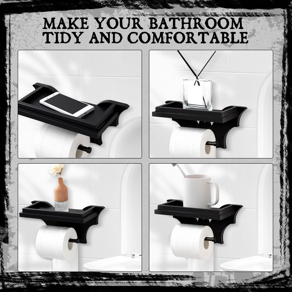 Chunful Bat Toilet Paper Holder with Shelf Gothic Creepy Wooden Black Paper Roll Holder Wall Mount Gothic Christmas Halloween Decor for Bathroom